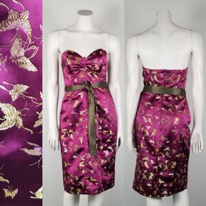 Betsey Johnson New York Rare Purple Satin Midi Butterfly Y2K Sheath Dress Size 6